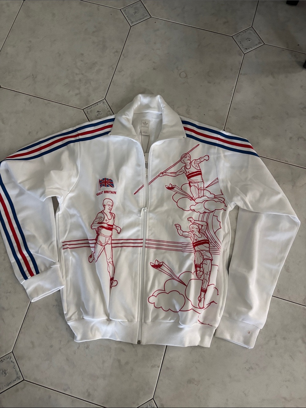 White Olympic Great Britain Track Jacket with Red & Blue Stripe Graphic